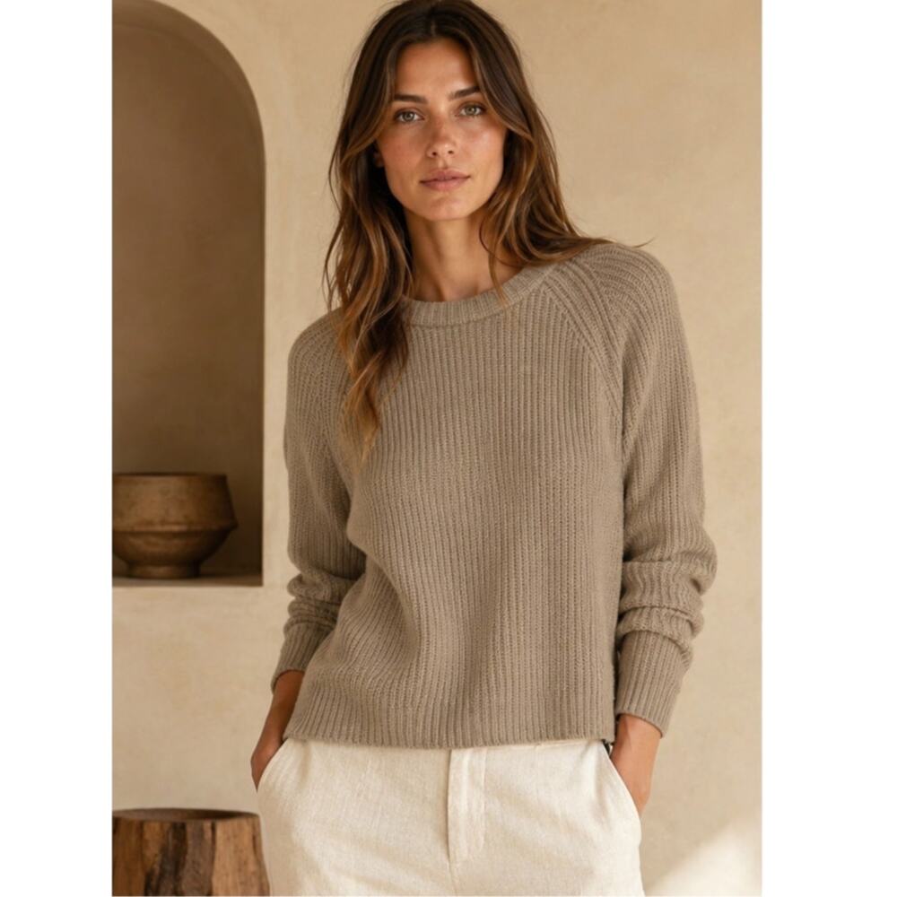 Jenni Kayne L Fisherman Sweater 100% Cashmere $425 Neutral Willow Taupe NWT